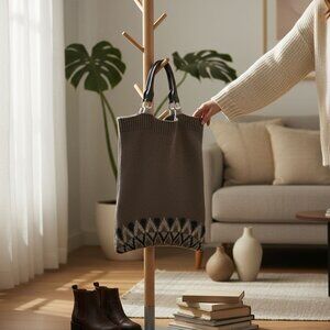 Knitted Tote Bag With Faux Leather Handles & Nordic Print